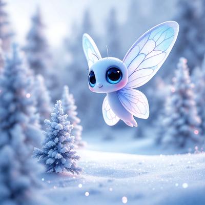The primary subject of the image is a small, cute, and colorful butterfly. The butterfly is flying in the air, surrounded by a snowy landscape. The setting includes a forest with snow-covered trees, creating a serene and wintry atmosphere. The visual style of the image is a digital art or illustration, with the butterfly being the main focus and the snowy environment providing a contrasting backdrop. The colors and mood of the image are predominantly white and cold, with